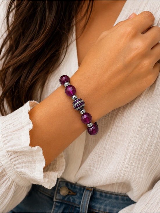 None Jewelry - Purple Faceted Beaded Stretch Bracelet Silver Tone Rhinestone Accent Statement